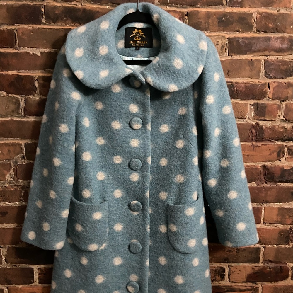 1960s style Hell Bunny Blue & White Polka Dot coat